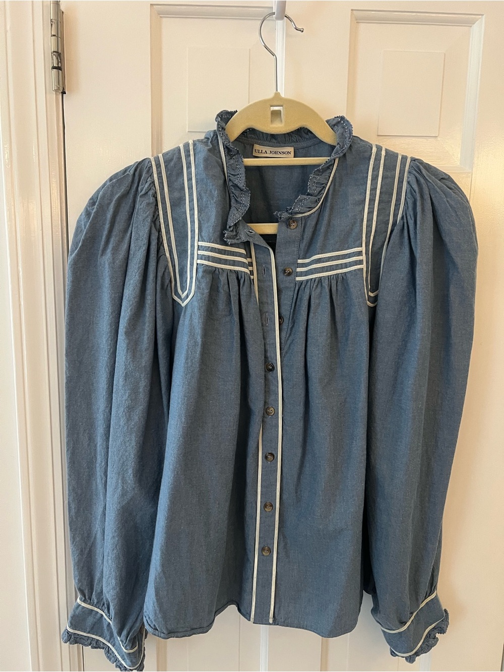 Ulla Johnson Blue Puff-Sleeve Ruffle Collar Button-Front Blouse